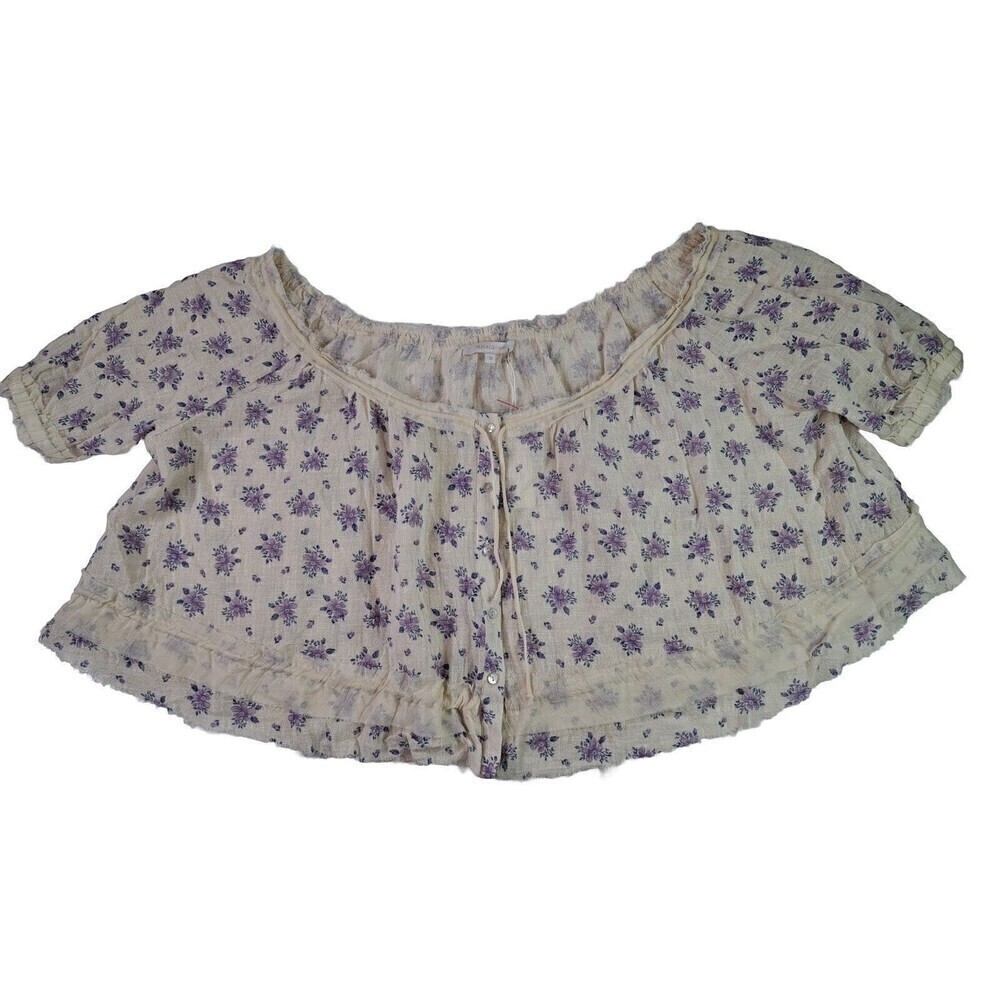 Olivaceous Boho Crop Top Gauzy Creme Purple Floral Adjustable Oversized Size M